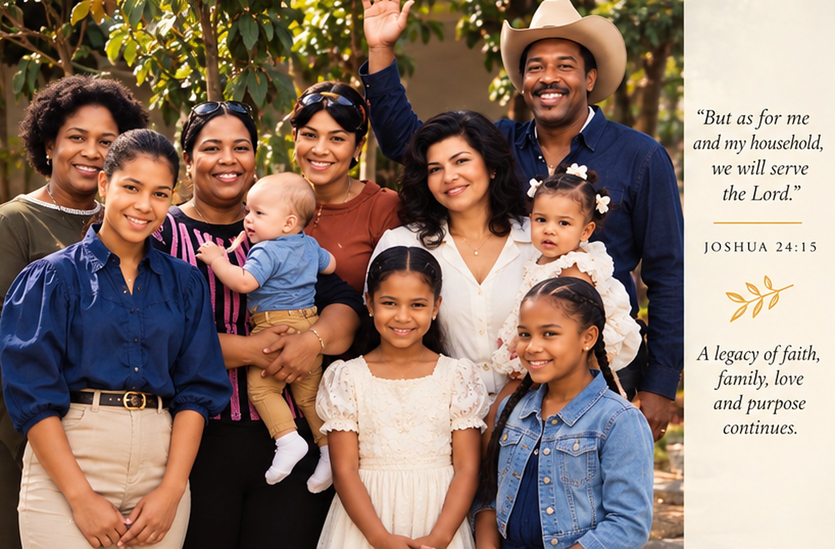 A multigenerational family gathered outdoors, beside the verse Joshua 24:15: But as for me and my household, we will serve the Lord. A legacy of faith, family, love and purpose continues.