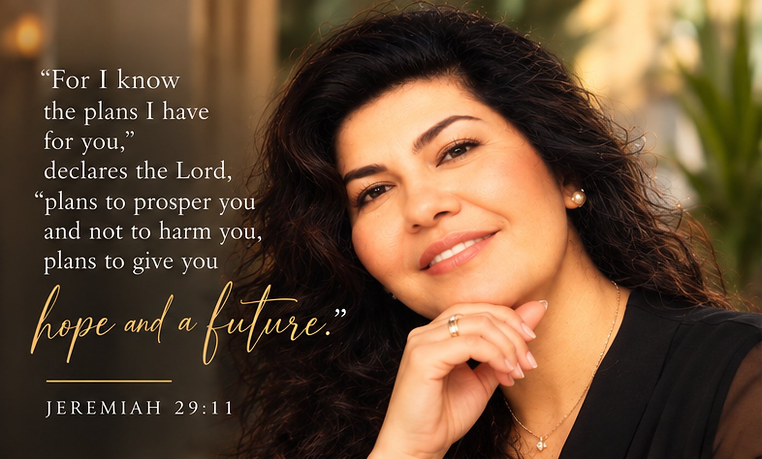 Portrait of a smiling woman resting her chin on her hand beside the verse Jeremiah 29:11: For I know the plans I have for you, declares the Lord, plans to prosper you and not to harm you, plans to give you hope and a future.